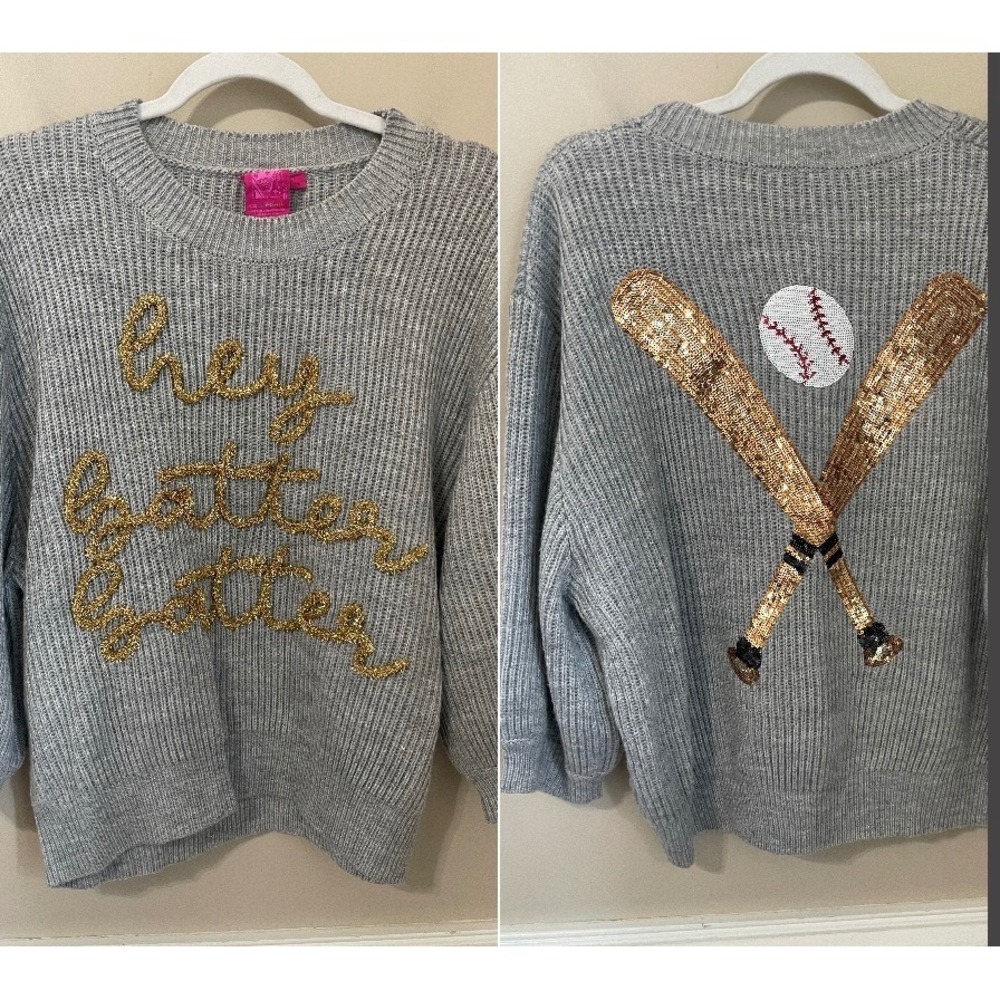 Queen of Sparkles Size L Hey Batter Batter Baseball Sequin Sweater Grey Tinsel